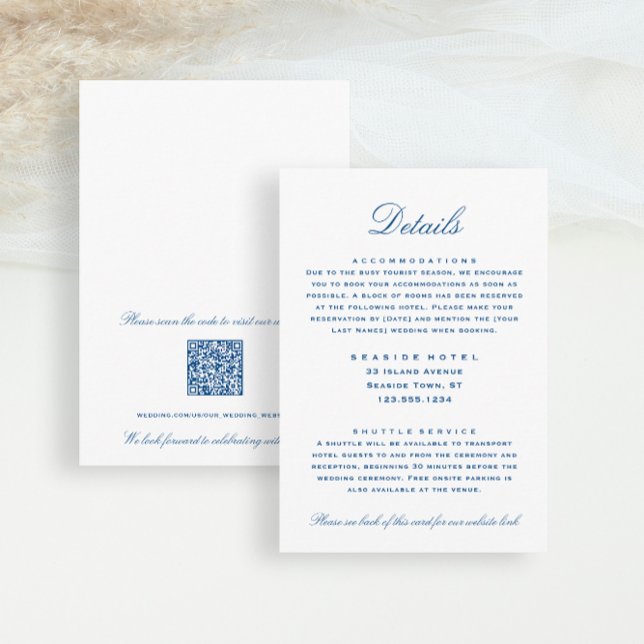 Striped Bass Wedding Details Hotel Info QR code Enclosure Card (Elegant Details Hotel Information Wedding Insert card in elegant navy blue from Concertina Press)
