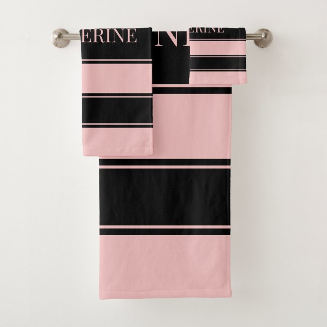 Striped Black and Pink Custom Name Bath Towel Set (Insitu)