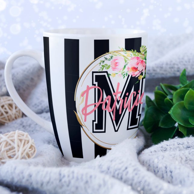 striped black and white pink Floral decorative Coffee Mug (Creator Uploaded)