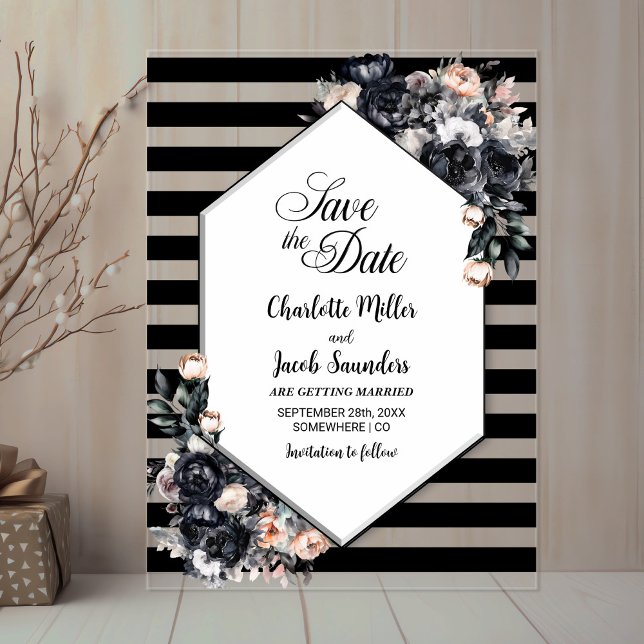 Striped Black Floral Acrylic Save the Date Invitations (Creator Uploaded)