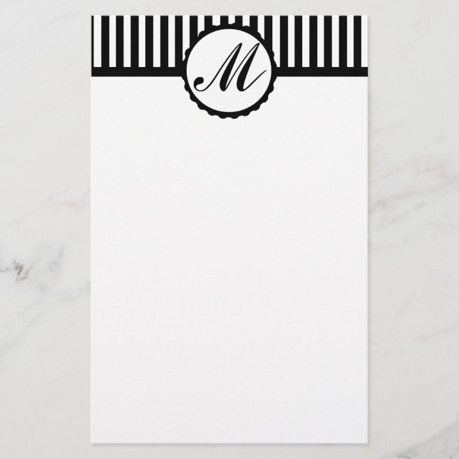 Striped Black White Custom Monogram Stationery (Front)