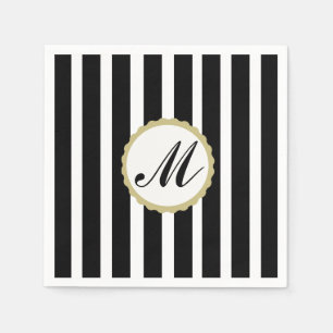 Striped Black White Gold Monogram Paper Napkins