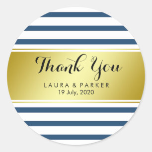 Striped Blue Gold  Foil Thank You Wedding Classic Round Sticker