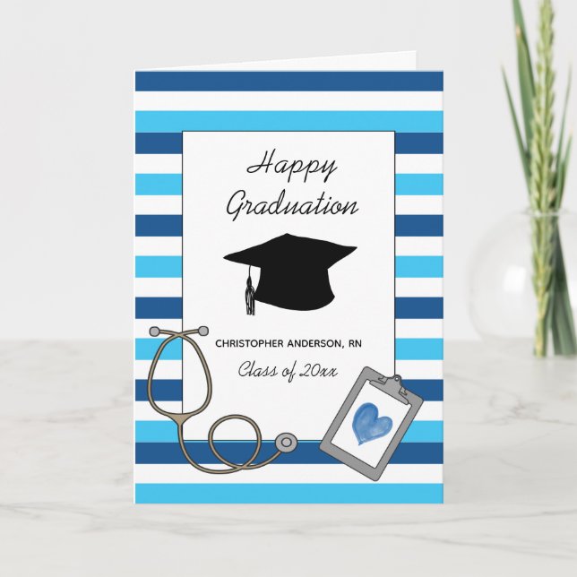 Striped Blue Nursing School Graduation Card (Front)