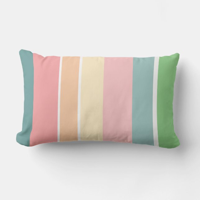 Striped Blue Pink Green Peach Stripes Outdoor Lumbar Cushion (Front)