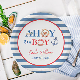 Striped Blue Red Nautical Ahoy Boy Baby Shower Paper Plate
