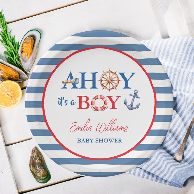 Striped Blue Red Nautical Ahoy Boy Baby Shower Paper Plate (Creator Uploaded)