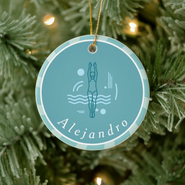 Striped Blue Swimmer Silhouette Swimming Theme Ceramic Ornament (Tree)