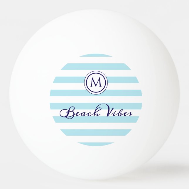 Striped Blue White Beach Vibes Preppy Monogram Ping Pong Ball (Front)