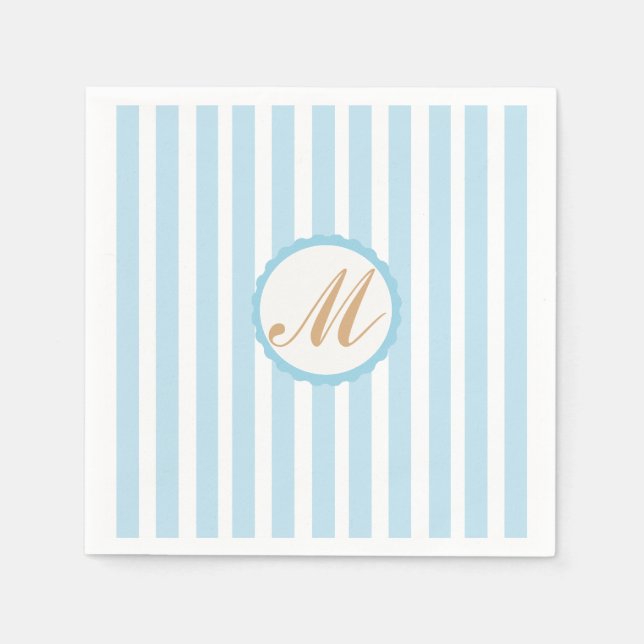 Striped Blue White Gold Monogram Paper Napkins (Front)