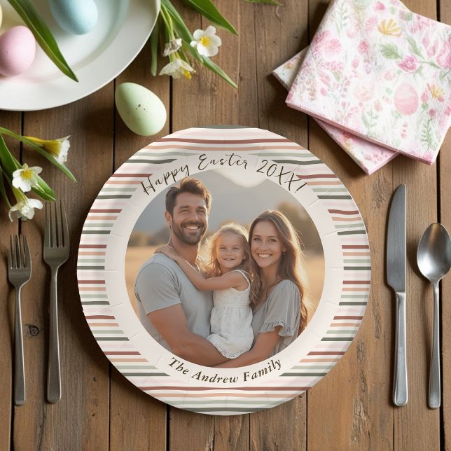 Striped Boho Easter with Photo & Name Paper Plate (Striped Boho Easter with Photo & Name Paper Plates)