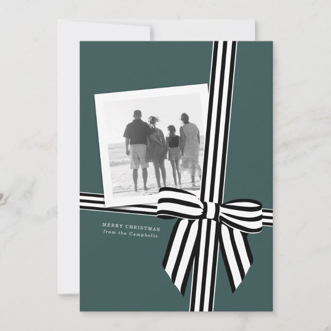 Striped Bow Flat Holiday Photo Card Green (Front)