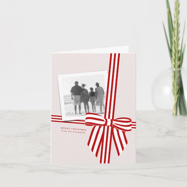 Striped Bow Folded Holiday Photo Card (Front)