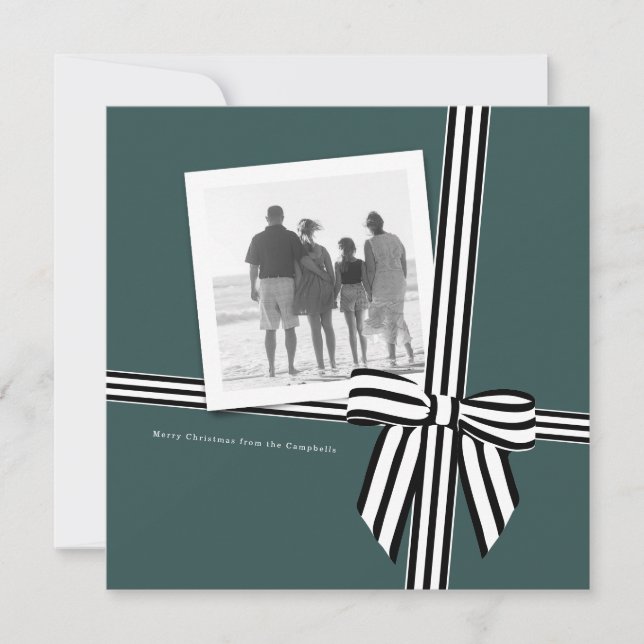 Striped Bow Square Holiday Photo Card Green (Front)