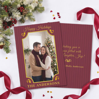 Striped Burgundy Merlot Gold Christmas Photo Holiday Card