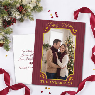 Striped Burgundy Merlot Gold Christmas Photo Holiday Postcard