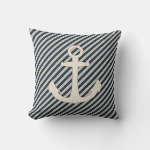 Striped Burlap Look Nautical Ship's Anchor Pillow