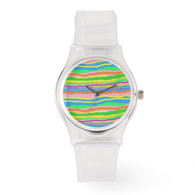 Striped candy rainbow design on a pink colour watc watch (Front)