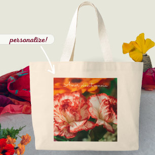 Striped carnations and gerbera large tote bag
