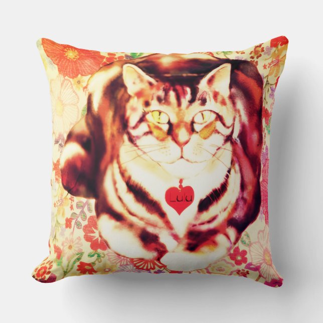 Striped Cat Art with Floral Background Cushion (Front)