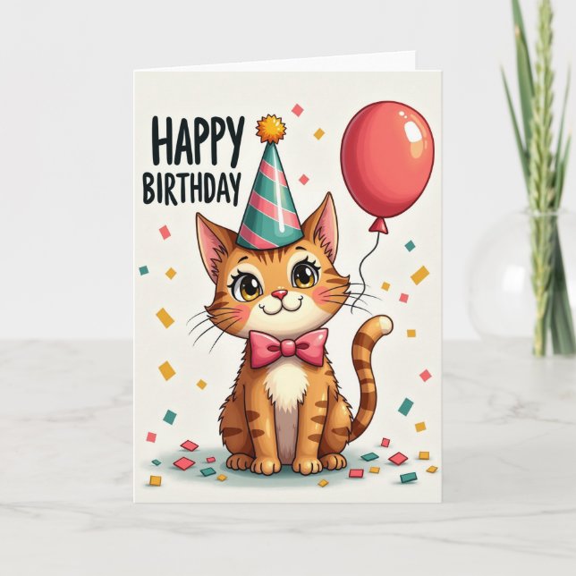Striped Cat Balloon Card (Front)