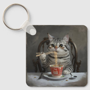 Striped Cat Enjoying Cup Noodles Key Ring
