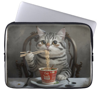 Striped Cat Enjoying Cup Noodles Laptop Sleeve