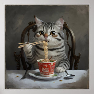 Striped Cat Enjoying Cup Noodles Poster