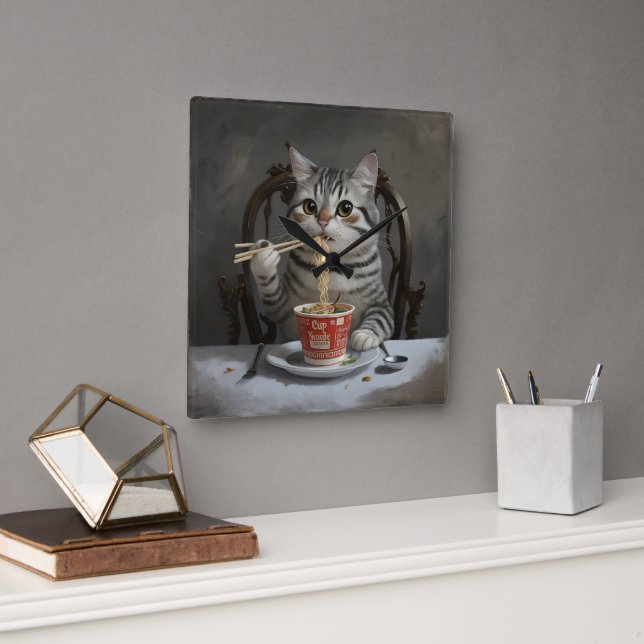 Striped Cat Enjoying Cup Noodles Square Wall Clock (Office)