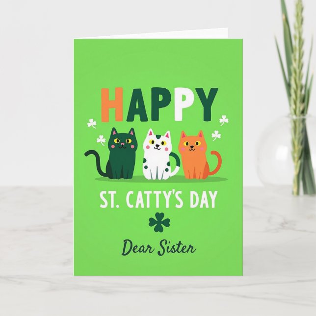 Striped Cat Happy St Cattys Day Card (Front)