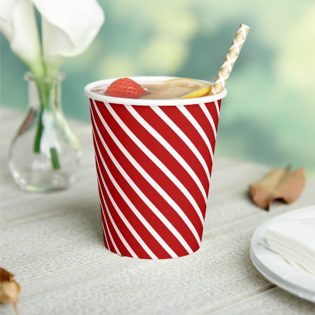 Striped cherry red crimson white oblique pattern  paper cups (Insitu)