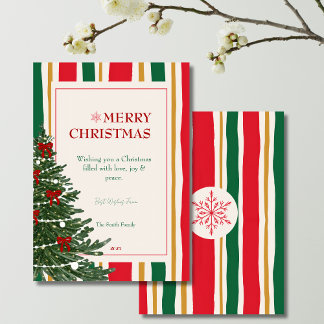 Striped Christmas Card with Pine Tree and Red Bows