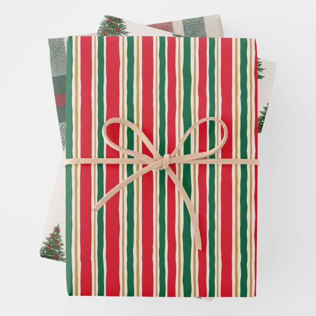 Striped Christmas Wrapping Paper, Pine Tree Paper Sheet (In situ)