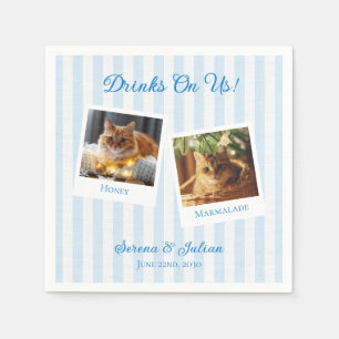 Striped Coastal Pet Photo Drinks On Us Wedding Napkin