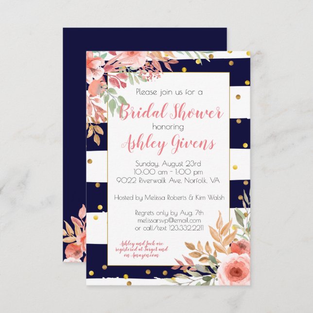 Striped Confetti Floral Bridal Shower Invitation (Front/Back)