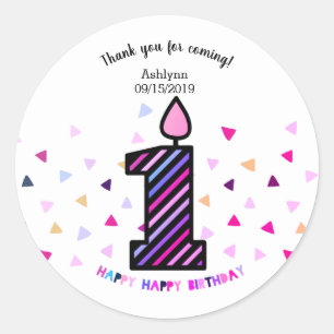 Striped Confetti Pink Purple 1st Birthday Girl Classic Round Sticker