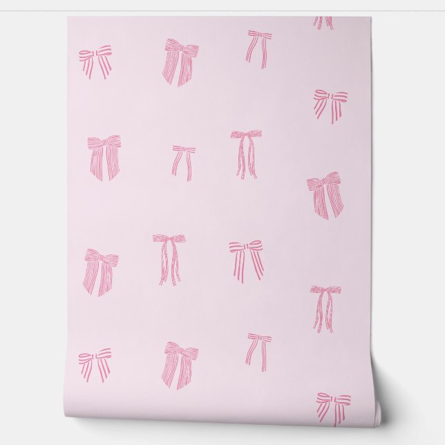 Striped Coquette Bows pink on light pink Wallpaper (Unrolling)