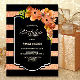 Striped Coral Floral Birthday Dinner Party Invitation