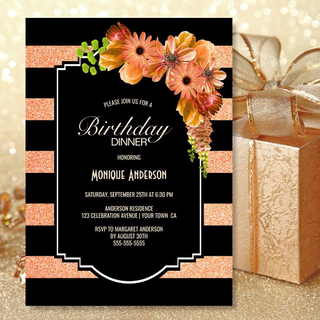 Striped Coral Floral Birthday Dinner Party Invitation (Creator Uploaded)