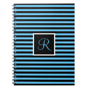 Striped Custom Initial Letter Blue and Black Notebook
