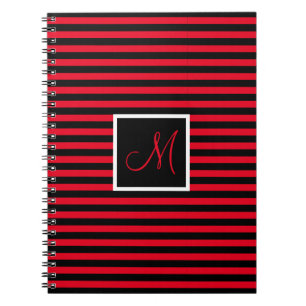 Striped Custom Initial Letter Red and Black Notebook