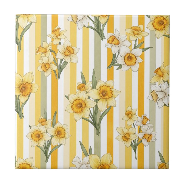 Striped Daffodil Floral Pattern (1) Ceramic Tile (Front)