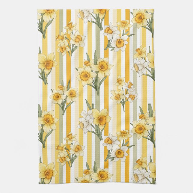 Striped Daffodil Floral Pattern (1) Tea Towel (Vertical)