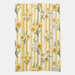 Striped Daffodil Floral Pattern Tea Towel