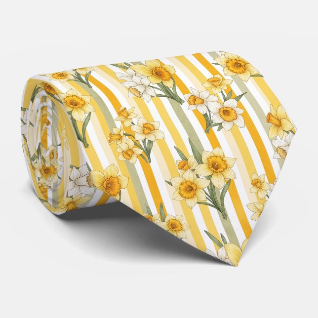 Striped Daffodil Floral Pattern Tie (Rolled)