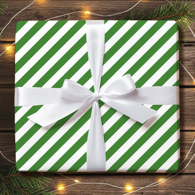 Striped Diagonal Holiday Simple Green White Wrapping Paper (Creator Uploaded)