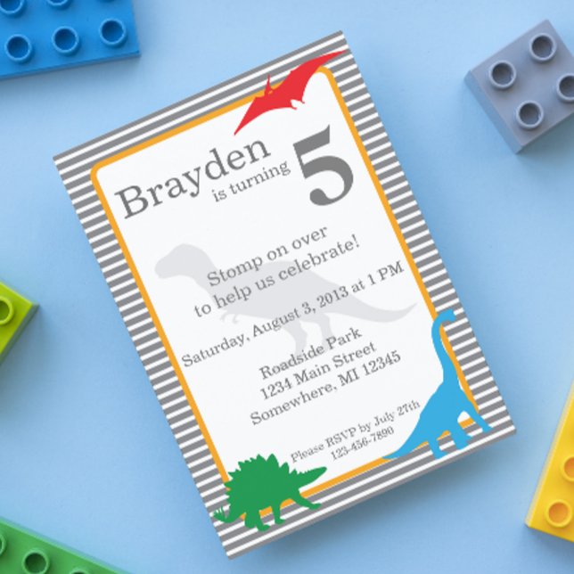 Striped Dinosaur Trex Birthday Invitation (Creator Uploaded)