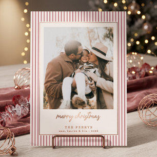 Striped Dusty Rose Merry Christmas Photo Foil Holiday Card