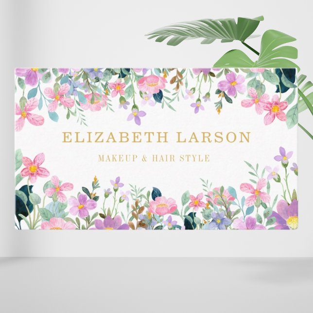 Striped Elegant Floral Beauty Artist Hair Makeup Business Card (Creator Uploaded)