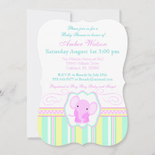 Striped Elephant Baby Girl Shower Invitation